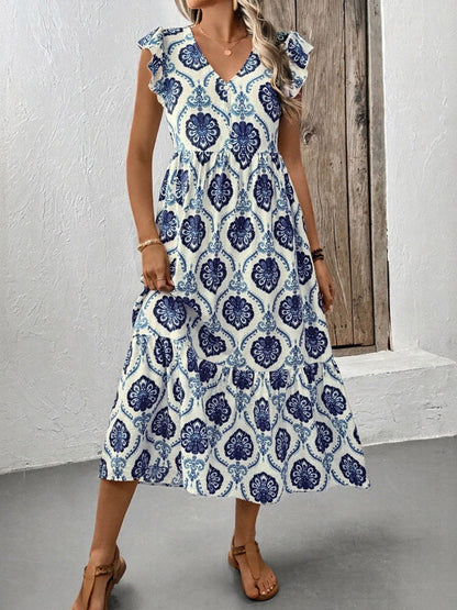 Women's White Blue Medallion Print Tiered Midi Dress V Neck Ruffle Cap Sleeve Casual Summer Dress