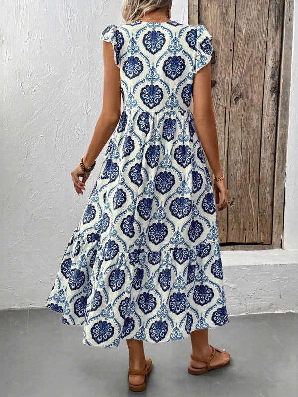Women's White Blue Medallion Print Tiered Midi Dress V Neck Ruffle Cap Sleeve Casual Summer Dress