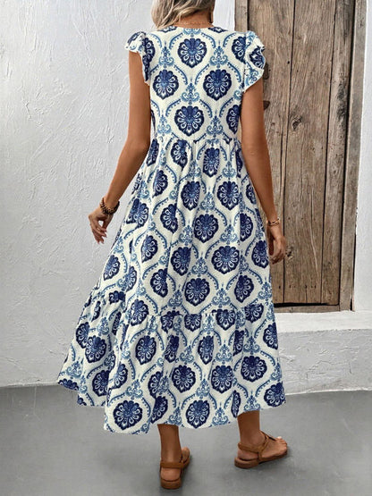 Women's White Blue Medallion Print Tiered Midi Dress V Neck Ruffle Cap Sleeve Casual Summer Dress