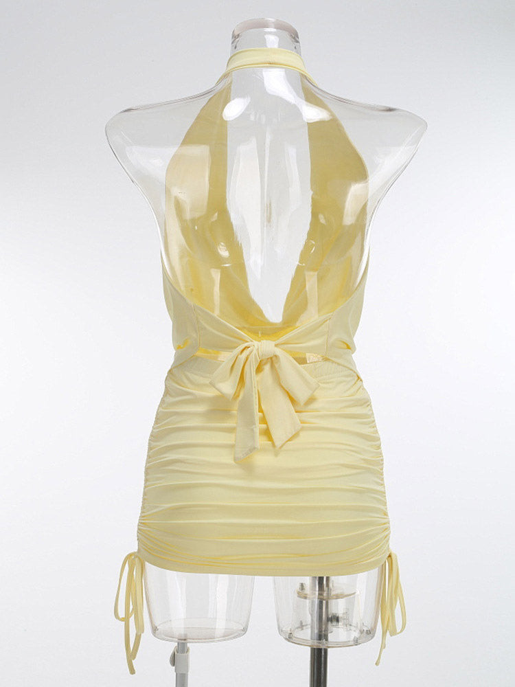 Two Piece Sets Skirt Set Mini Dresses Yellow Dating Casual Cowl Neck Sleeveless Sets