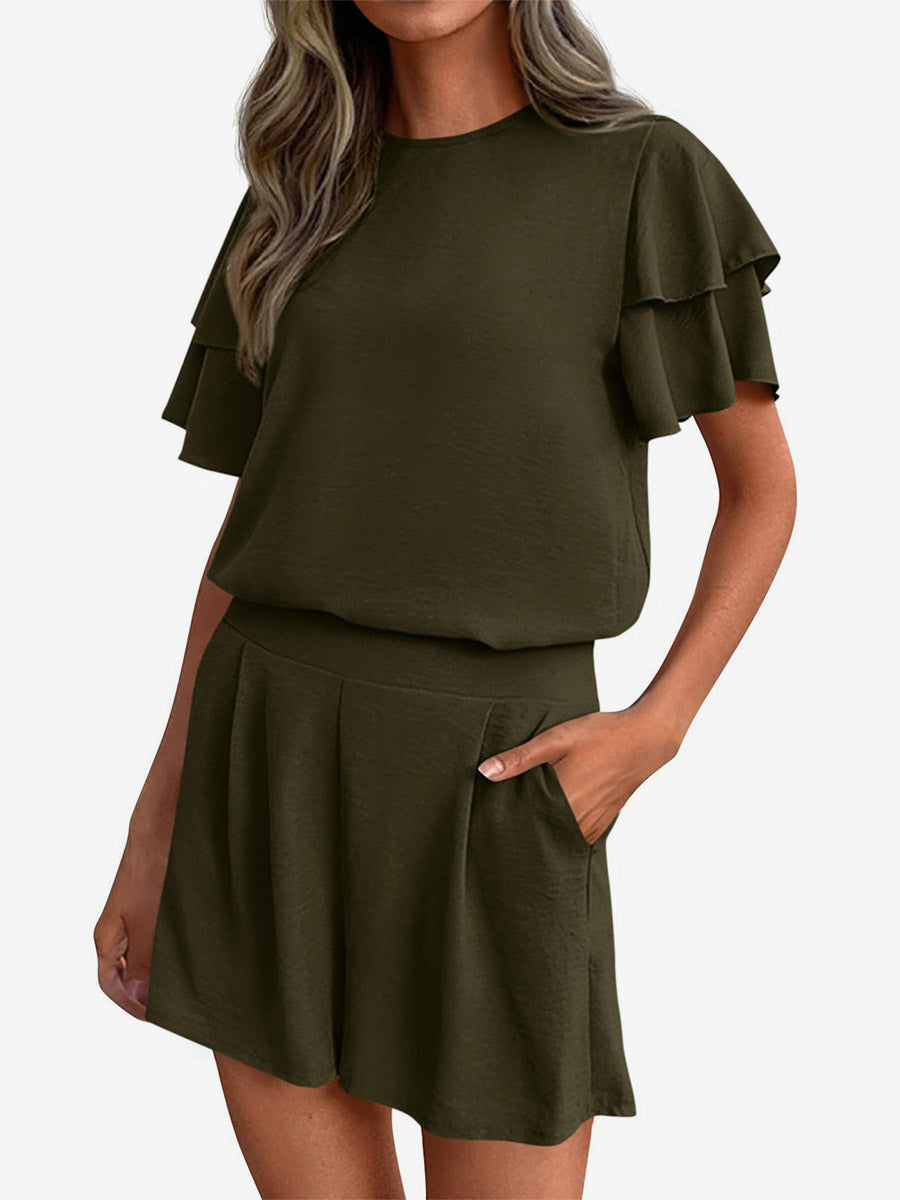 Two Piece Sets Pant Set Black Jewel Neck T-Shirt Sleeves Short Sleeves Sets