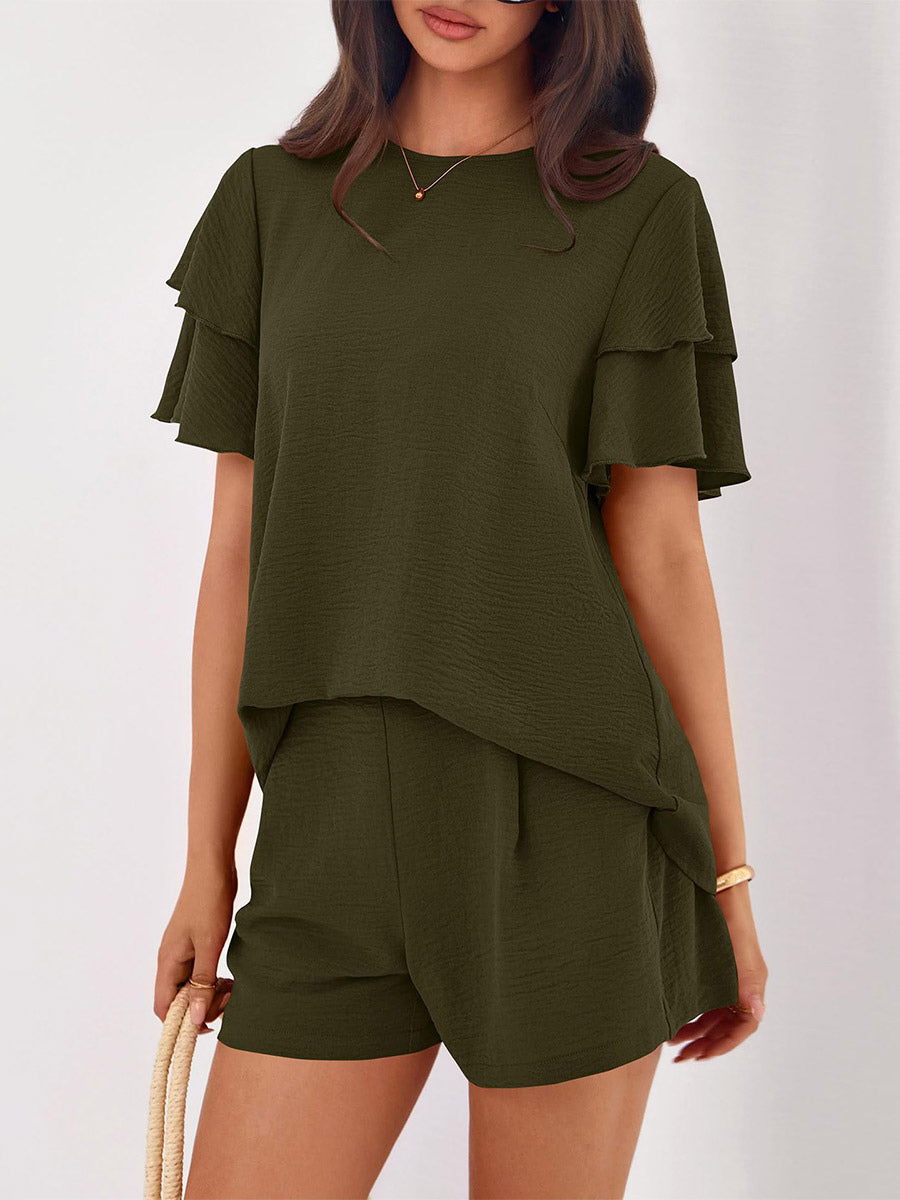Two Piece Sets Pant Set Black Jewel Neck T-Shirt Sleeves Short Sleeves Sets
