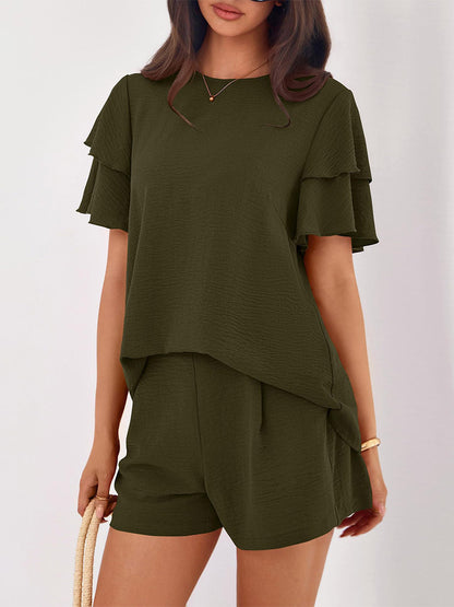 Two Piece Sets Pant Set Black Jewel Neck T-Shirt Sleeves Short Sleeves Sets