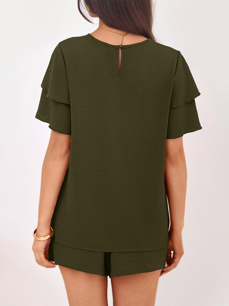 Two Piece Sets Pant Set Black Jewel Neck T-Shirt Sleeves Short Sleeves Sets