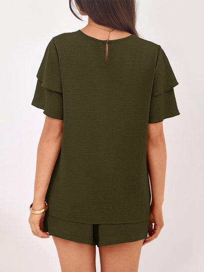 Two Piece Sets Pant Set Black Jewel Neck T-Shirt Sleeves Short Sleeves Sets