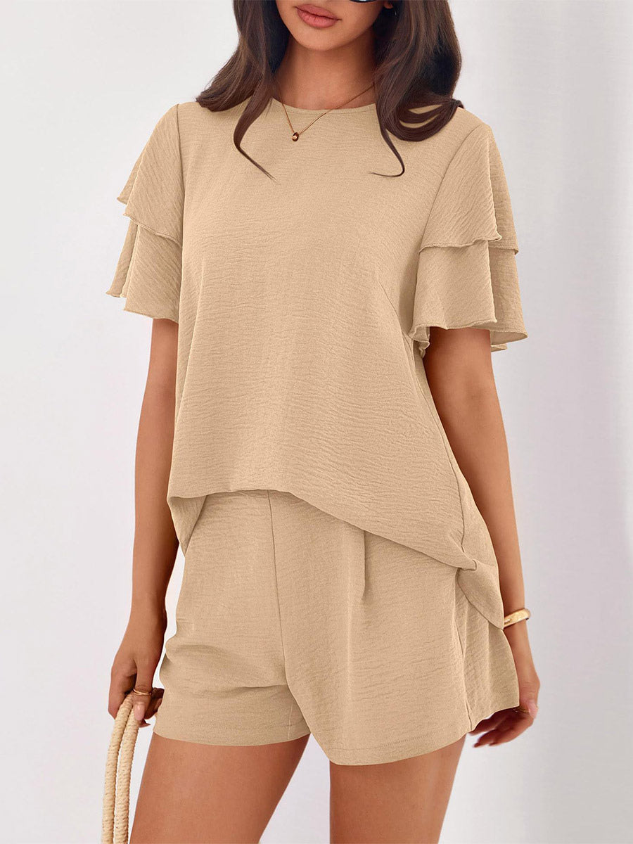 Two Piece Sets Pant Set Black Jewel Neck T-Shirt Sleeves Short Sleeves Sets