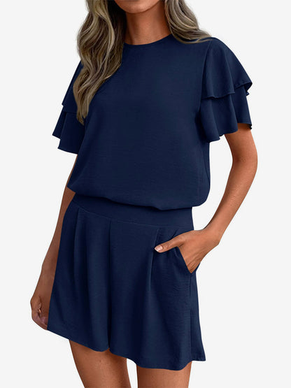 Two Piece Sets Pant Set Black Jewel Neck T-Shirt Sleeves Short Sleeves Sets