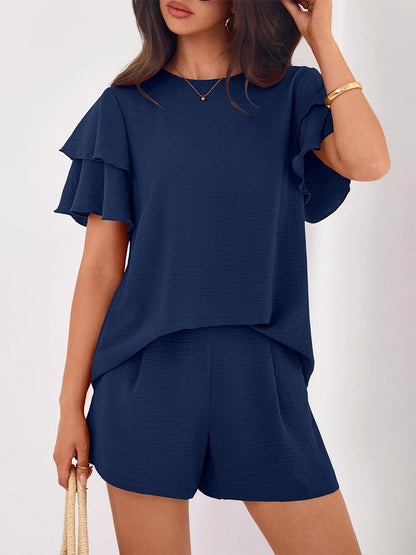 Two Piece Sets Pant Set Black Jewel Neck T-Shirt Sleeves Short Sleeves Sets