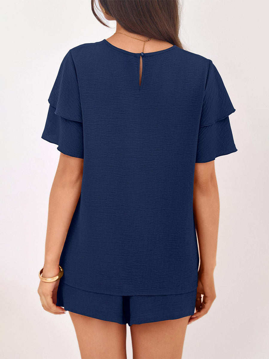 Two Piece Sets Pant Set Black Jewel Neck T-Shirt Sleeves Short Sleeves Sets