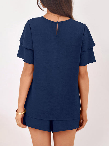 Two Piece Sets Pant Set Black Jewel Neck T-Shirt Sleeves Short Sleeves Sets