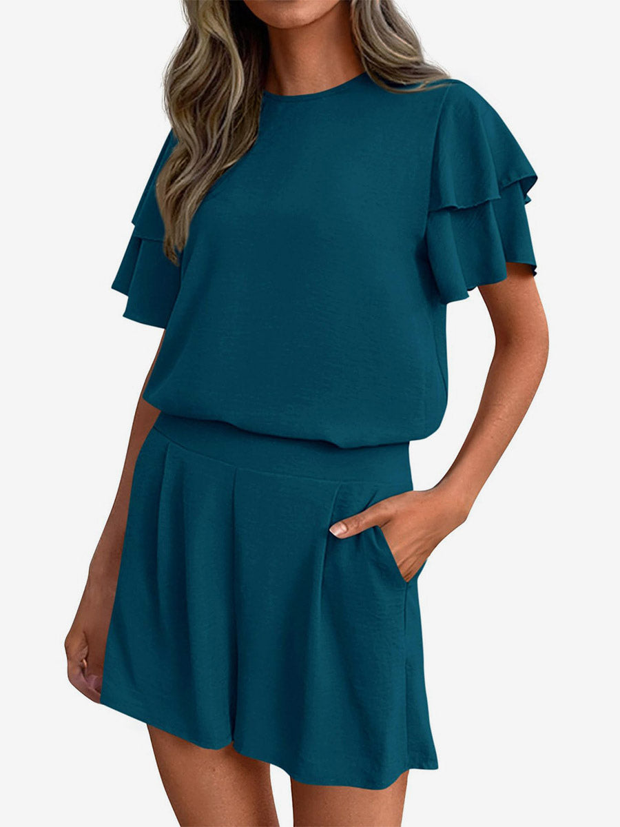 Two Piece Sets Pant Set Black Jewel Neck T-Shirt Sleeves Short Sleeves Sets