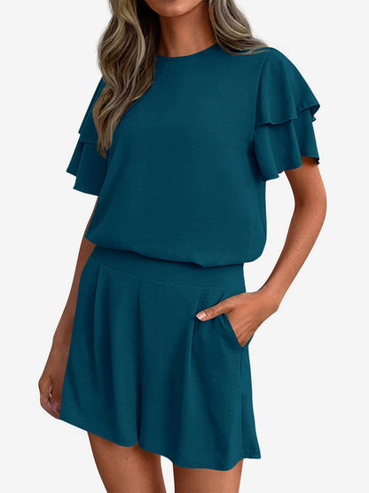 Two Piece Sets Pant Set Black Jewel Neck T-Shirt Sleeves Short Sleeves Sets