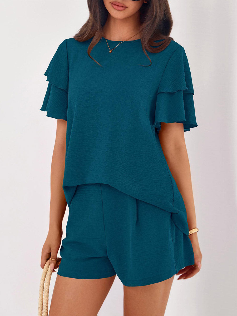 Two Piece Sets Pant Set Black Jewel Neck T-Shirt Sleeves Short Sleeves Sets