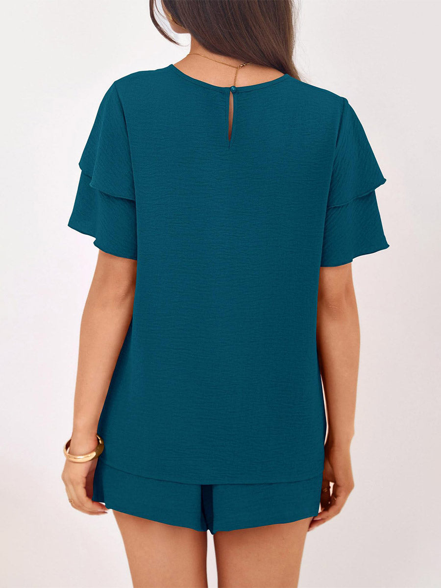 Two Piece Sets Pant Set Black Jewel Neck T-Shirt Sleeves Short Sleeves Sets