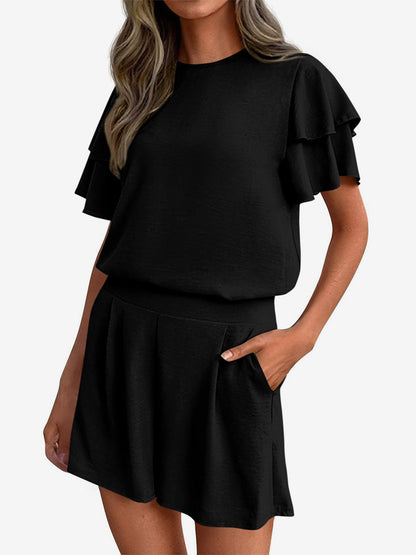 Two Piece Sets Pant Set Black Jewel Neck T-Shirt Sleeves Short Sleeves Sets