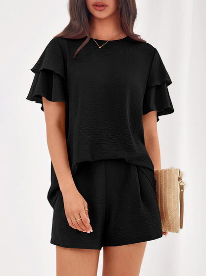 Two Piece Sets Pant Set Black Jewel Neck T-Shirt Sleeves Short Sleeves Sets