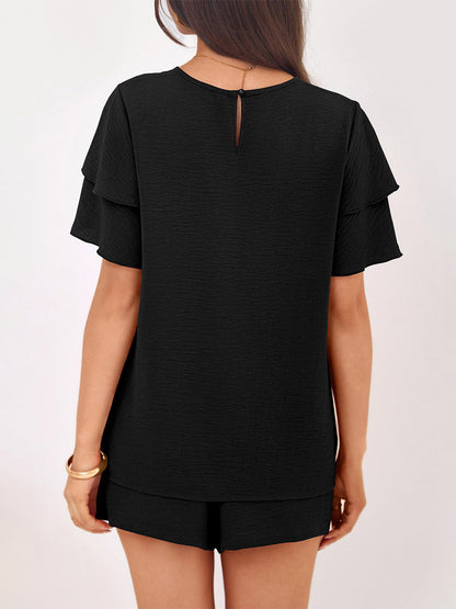 Two Piece Sets Pant Set Black Jewel Neck T-Shirt Sleeves Short Sleeves Sets