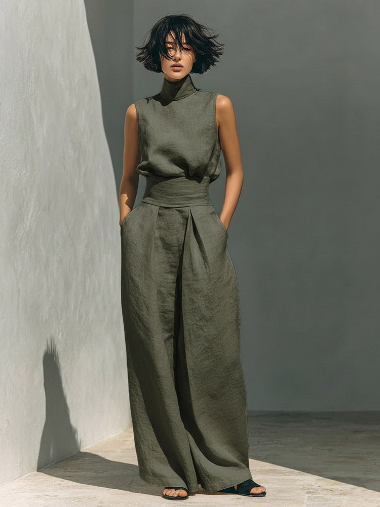 Two Piece Sets Pant Set Maxi Dresses Ecru White High Collar Sleeveless Elegant Sets
