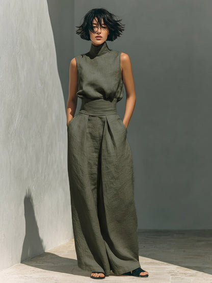 Two Piece Sets Pant Set Maxi Dresses Ecru White High Collar Sleeveless Elegant Sets