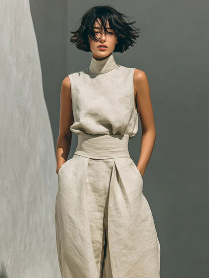 Two Piece Sets Pant Set Maxi Dresses Ecru White High Collar Sleeveless Elegant Sets