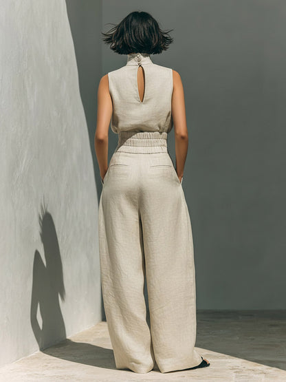 Two Piece Sets Pant Set Maxi Dresses Ecru White High Collar Sleeveless Elegant Sets