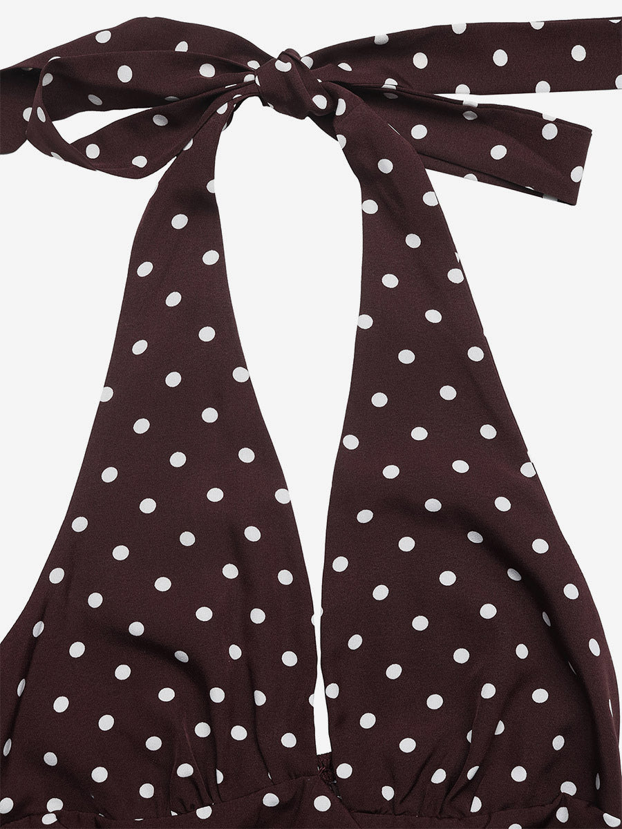 Women's Black White Polka Dot Halter Maxi Dress Deep V Neck Sleeveless Flowy Summer Dress