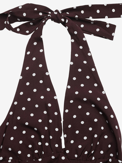 Women's Black White Polka Dot Halter Maxi Dress Deep V Neck Sleeveless Flowy Summer Dress