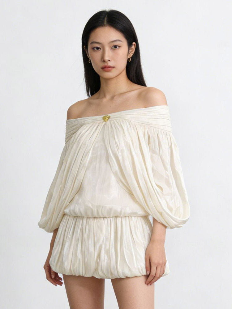 Cream Off Shoulder Ruffle Mini Dress Set For Women Romantic Chic