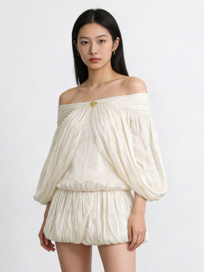 Cream Off Shoulder Ruffle Mini Dress Set For Women Romantic Chic