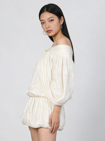 Cream Off Shoulder Ruffle Mini Dress Set For Women Romantic Chic