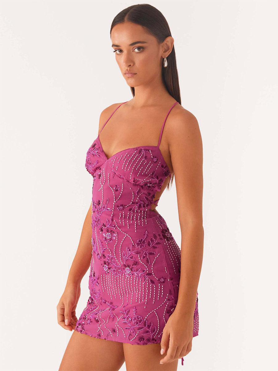 Chic Fitted Orange Gown With Floral Sequin Detail Perfect For Parties