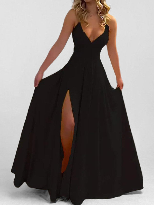 Blush Pink V Neck Sling Maxi Dress With High Slit For Women