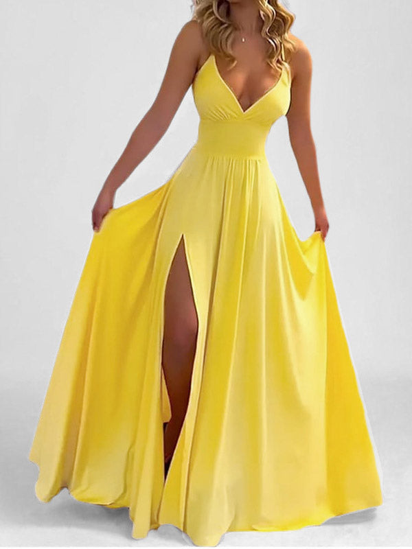 Blush Pink V Neck Sling Maxi Dress With High Slit For Women