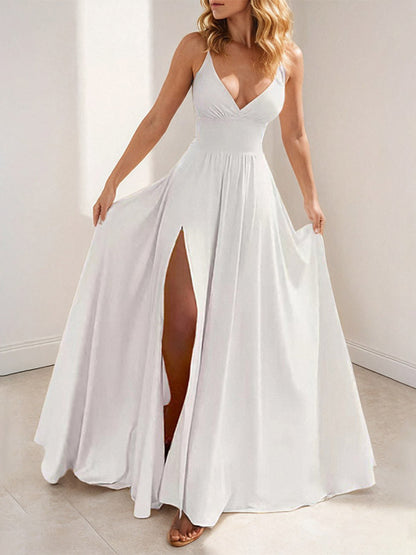 Blush Pink V Neck Sling Maxi Dress With High Slit For Women