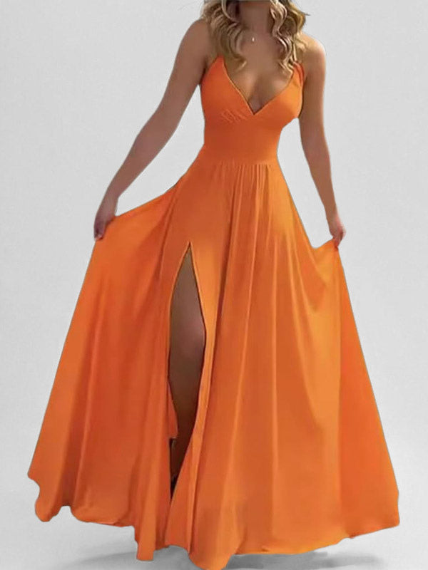 Blush Pink V Neck Sling Maxi Dress With High Slit For Women