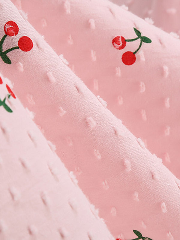 Pink Cherry Print Halter A Line Midi Dress For Women Sweet Summer
