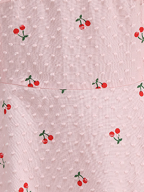 Pink Cherry Print Halter A Line Midi Dress For Women Sweet Summer