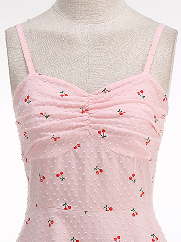 Pink Cherry Print Halter A Line Midi Dress For Women Sweet Summer