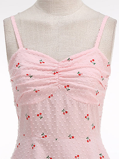 Pink Cherry Print Halter A Line Midi Dress For Women Sweet Summer