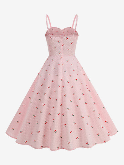 Pink Cherry Print Halter A Line Midi Dress For Women Sweet Summer