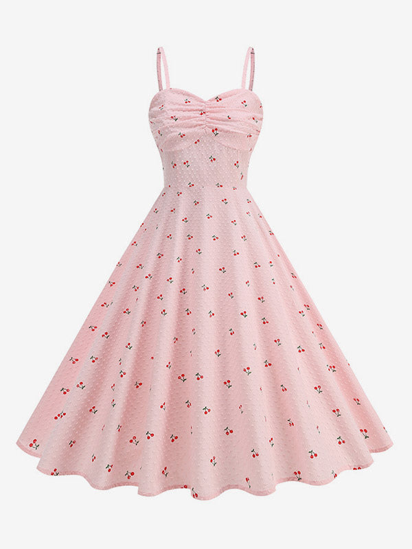 Pink Cherry Print Halter A Line Midi Dress For Women Sweet Summer