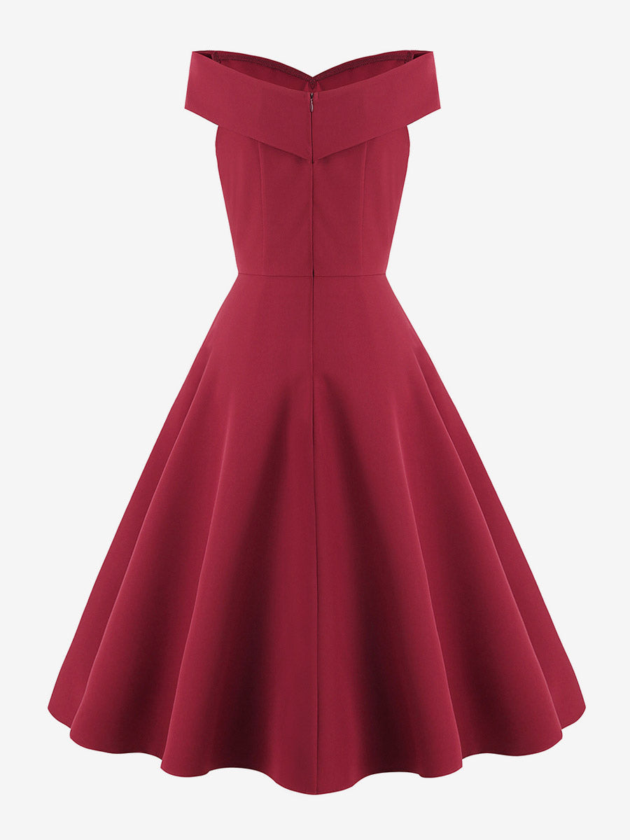 Burgundy Off Shoulder A Line Midi Dress For Women Elegant Formal