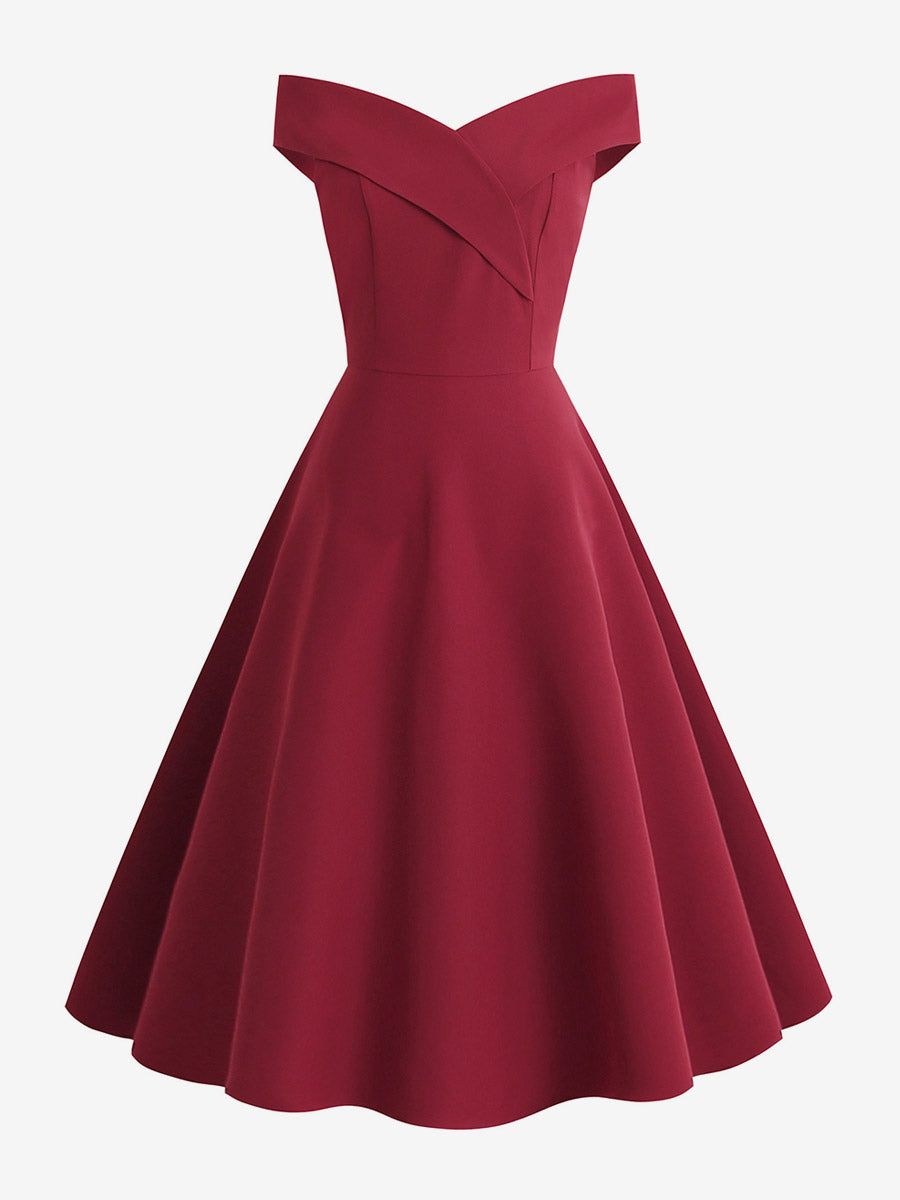 Burgundy Off Shoulder A Line Midi Dress For Women Elegant Formal