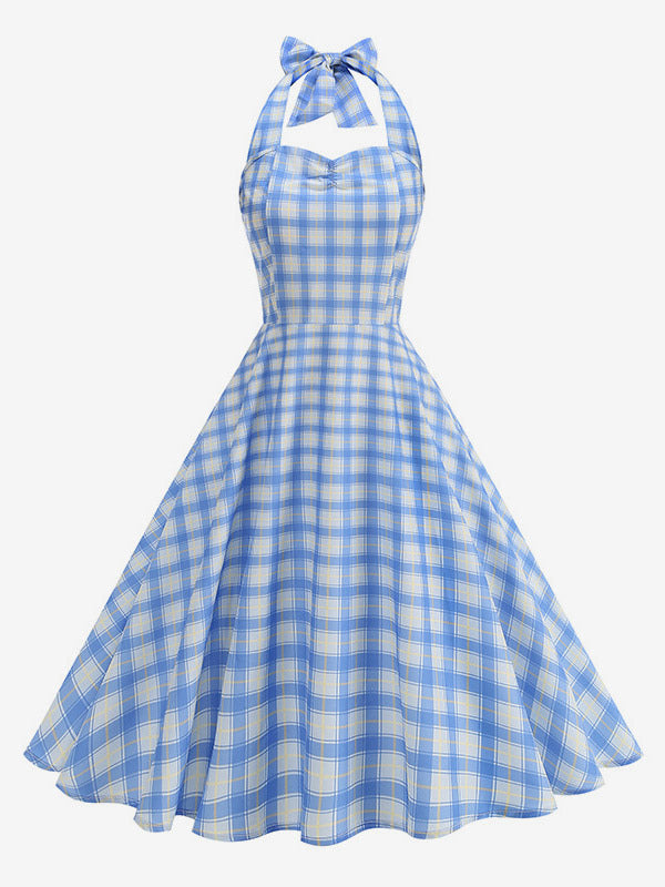Chic Fitted Blue Plaid Gown With A Line Skirt Perfect For Summer Parties