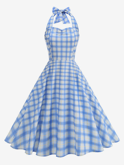 Chic Fitted Blue Plaid Gown With A Line Skirt Perfect For Summer Parties