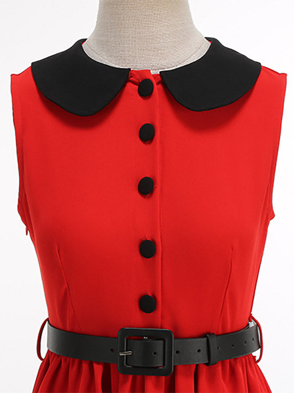 Red Sleeveless Peter Pan Collar A Line Maxi Dress For Women Vintage Chic