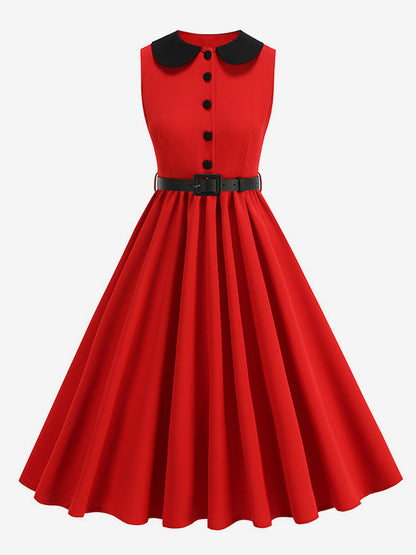 Red Sleeveless Peter Pan Collar A Line Maxi Dress For Women Vintage Chic