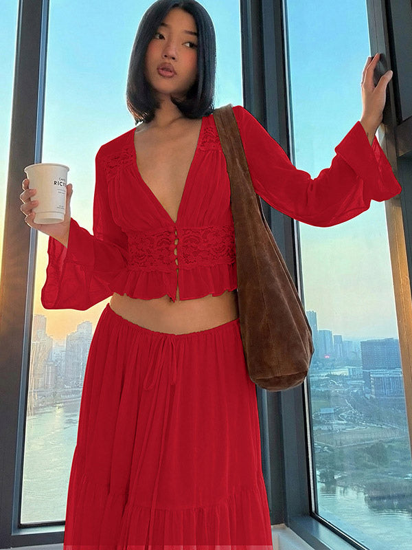 Two Piece Sets Skirt Set Maxi Dresses Apricot Resort Wear Buttons Casual V-Neck Long Sleeves Sets
