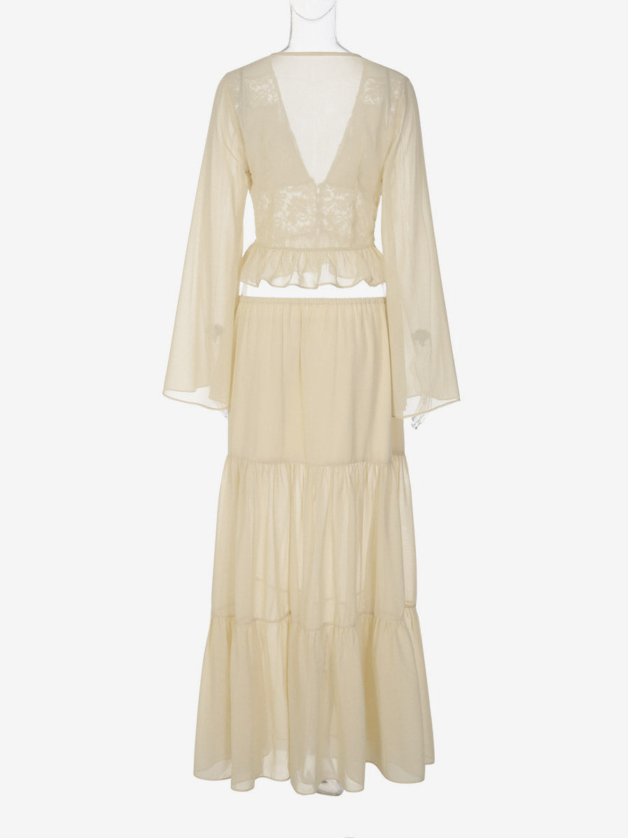 Two Piece Sets Skirt Set Maxi Dresses Apricot Resort Wear Buttons Casual V-Neck Long Sleeves Sets