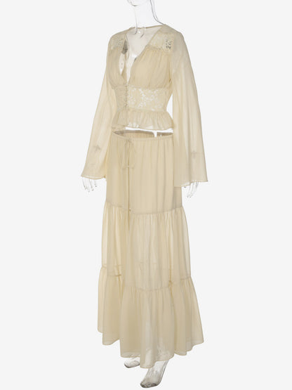 Two Piece Sets Skirt Set Maxi Dresses Apricot Resort Wear Buttons Casual V-Neck Long Sleeves Sets